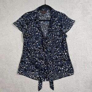 Dana Buchman Blouse Womens Medium Blue Black Sheer Tie Front Short Sleeve V Neck